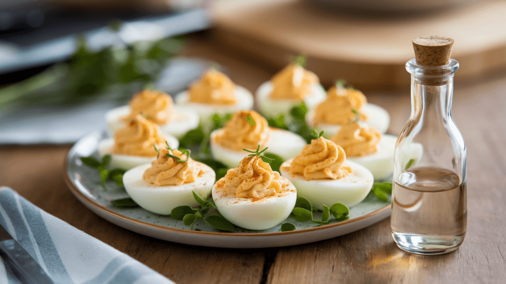 A plate of deviled eggs garnished with paprika, with a bottle of vinegar in the background, emphasizing its importance in the recipe