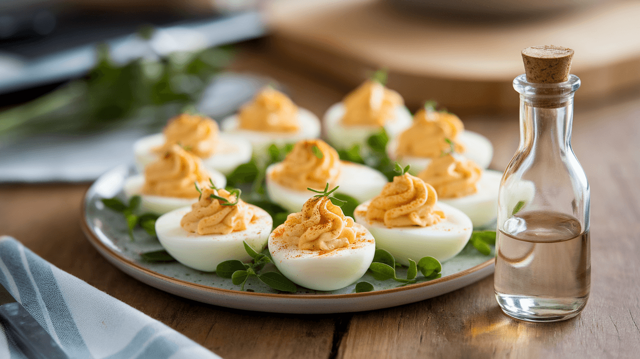 A plate of deviled eggs garnished with paprika, with a bottle of vinegar in the background, emphasizing its importance in the recipe