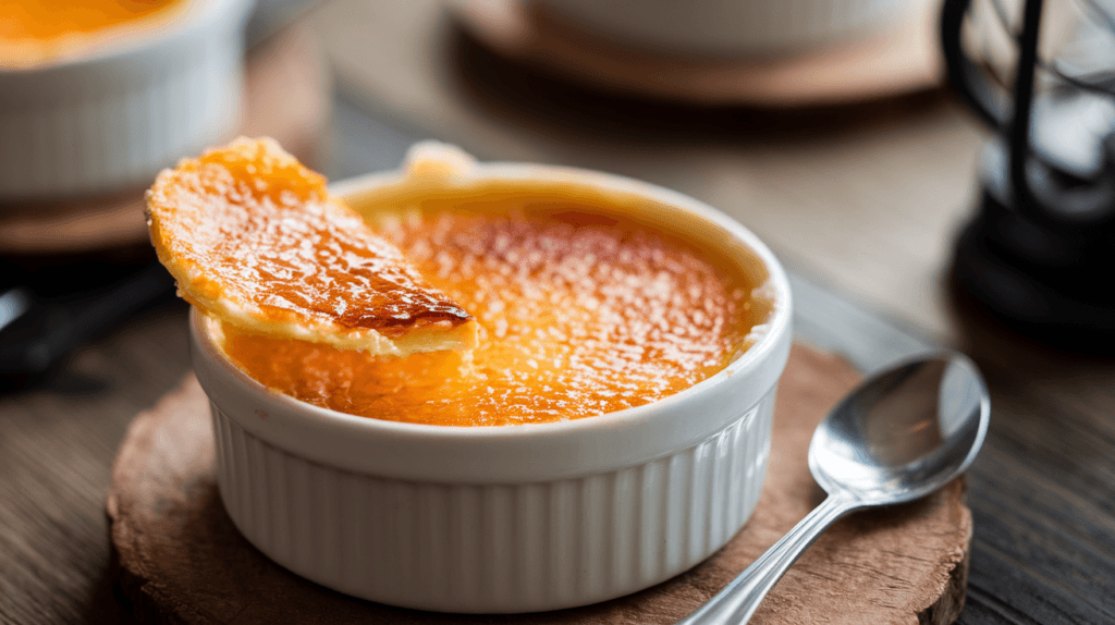 Elegant crème brûlée served in a white ramekin with a perfectly caramelized sugar crust, placed on a rustic wooden table with a spoon alongside.