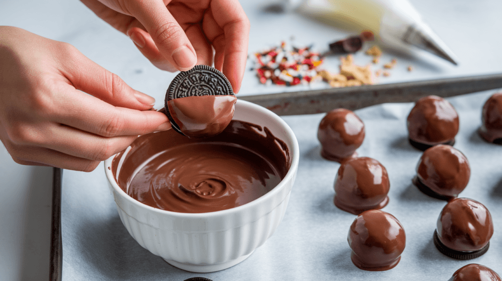 Hands dipping a frozen Oreo ball into melted chocolate with dipped balls cooling on a tray nearby