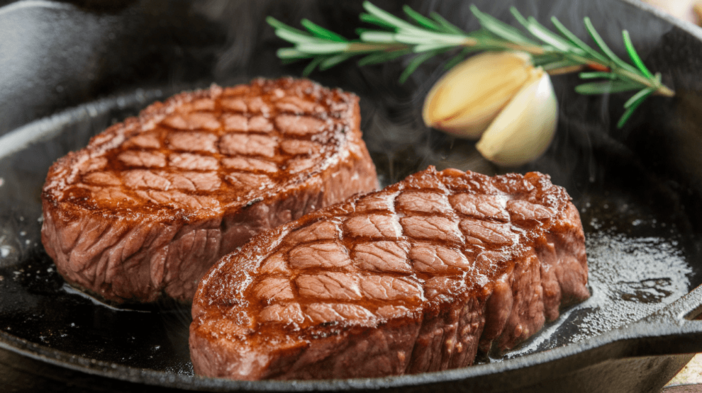 Beef tenderloin steak tips from Omaha Steaks sizzling in a cast-iron skillet with a golden crust, surrounded by rosemary and garlic.