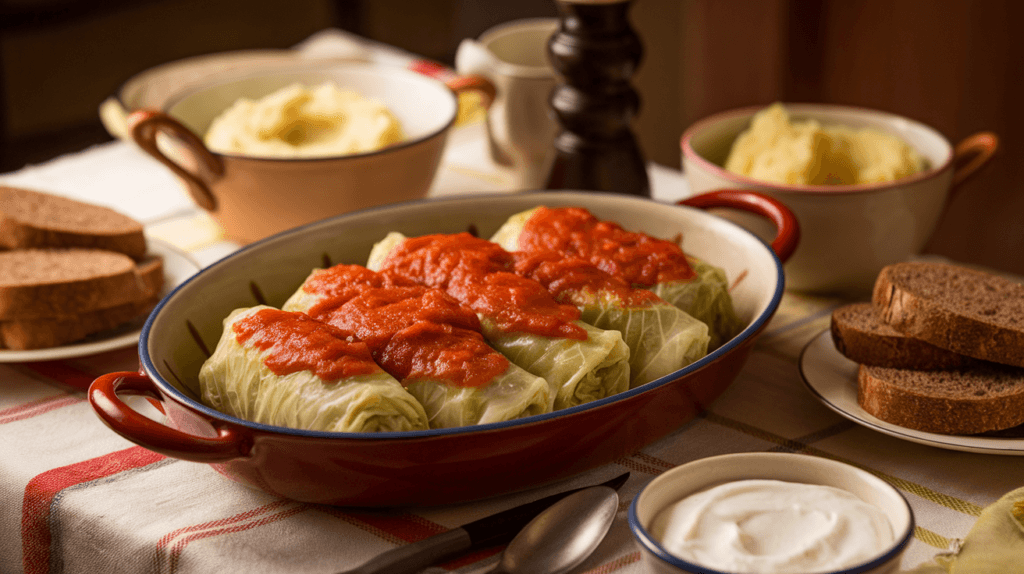 Russian cabbage meat rolls served with mashed potatoes, rye bread, and sour cream on a rustic dining table