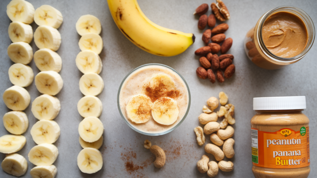 A flat-lay image of a banana smoothie preparation with sliced bananas, a jar of peanut butter, and a glass of smoothie topped with banana slices