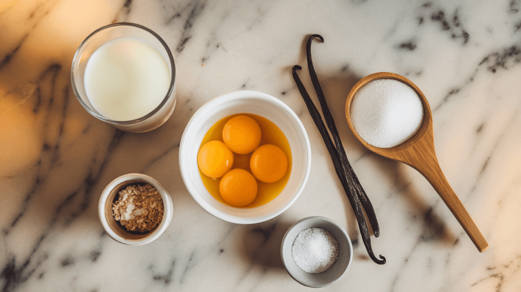 Flat lay of crème brûlée ingredients: milk, egg yolks, granulated sugar, vanilla beans, and a pinch of salt, arranged on a marble countertop.