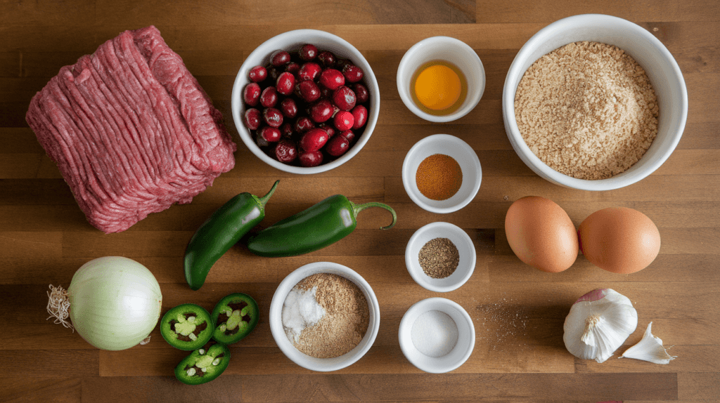 Ingredients for cranberry jalapeño meatballs, including ground meat, cranberries, jalapeños, breadcrumbs, eggs, and seasonings, on a wooden countertop