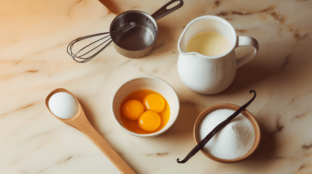 Flat-lay of crème brûlée ingredients: heavy cream, egg yolks, granulated sugar, and a vanilla bean on a marble countertop with a whisk and saucepan.