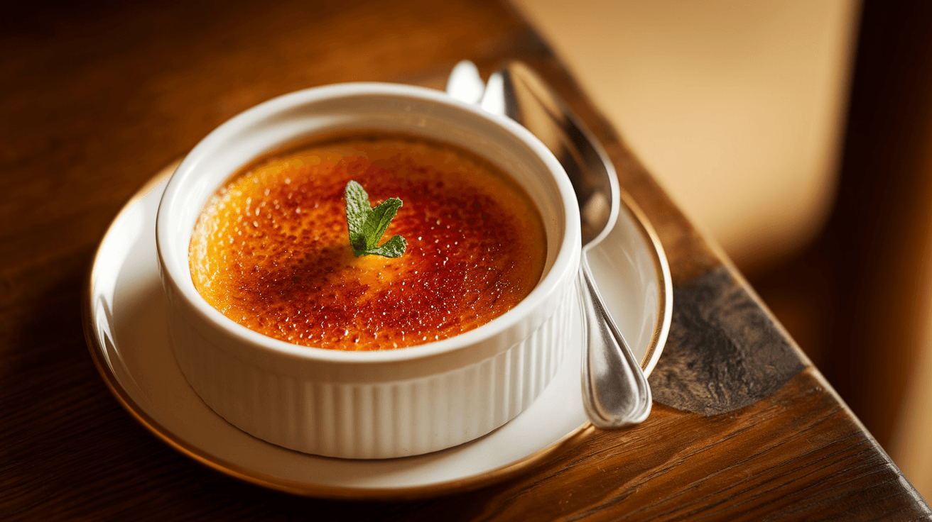 A creamy crème brûlée with a caramelized sugar crust served in a ramekin, showcasing a golden-brown topping with a mint garnish, perfect for a dessert recipe.