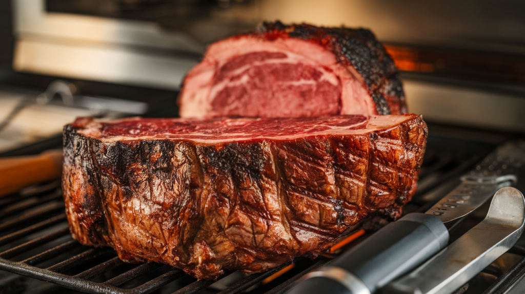 A prime rib with a crispy, charred crust and a juicy pink interior, showcasing the results of fast cooking at high heat