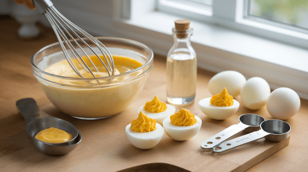 Preparing deviled eggs with vinegar, showcasing the yolk mixture, halved eggs, and white vinegar as a key ingredient.