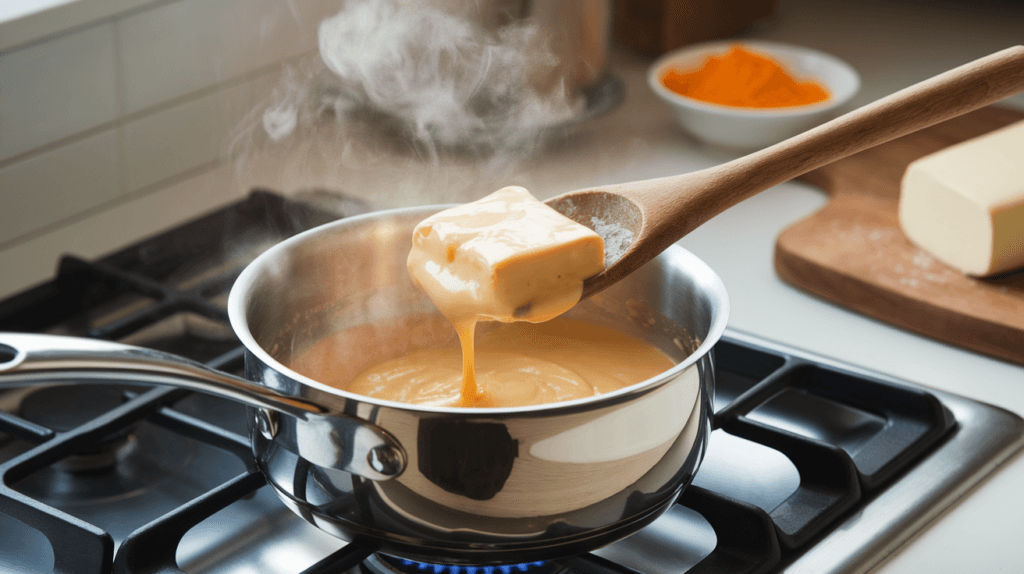 Cream cheese melting into a golden cheese sauce in a saucepan, illustrating how it creates a smooth and creamy mac and cheese