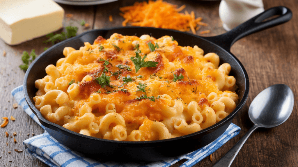 Close-up of creamy mac and cheese served in a skillet with a golden, cheesy crust.