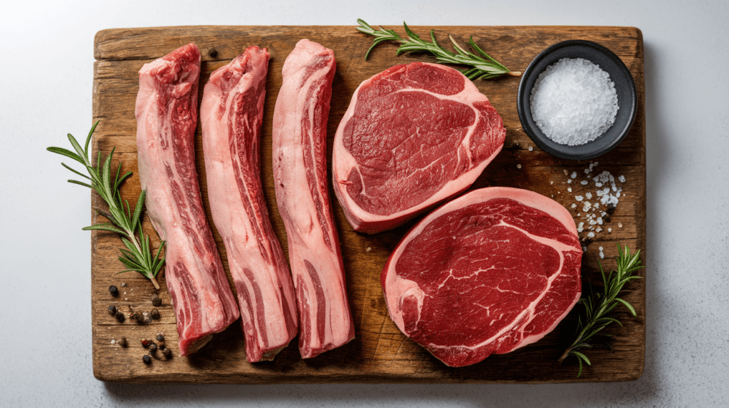 Comparison of tenderloin tips and filet mignon cuts placed side by side on a cutting board with garnishes.