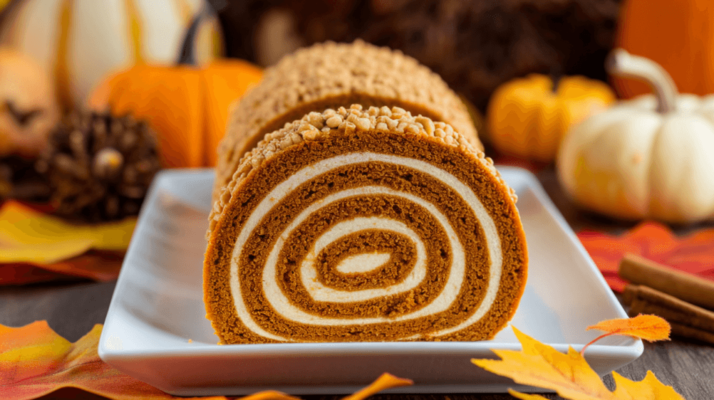 Perfectly sliced pumpkin roll with visible cream swirl, surrounded by fall decorations like pumpkins and cinnamon sticks