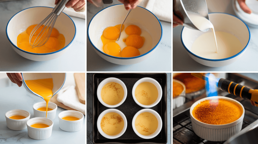 Step-by-step preparation of milk-based crème brûlée, including whisking egg yolks, tempering milk, baking in a water bath, and caramelizing sugar topping.