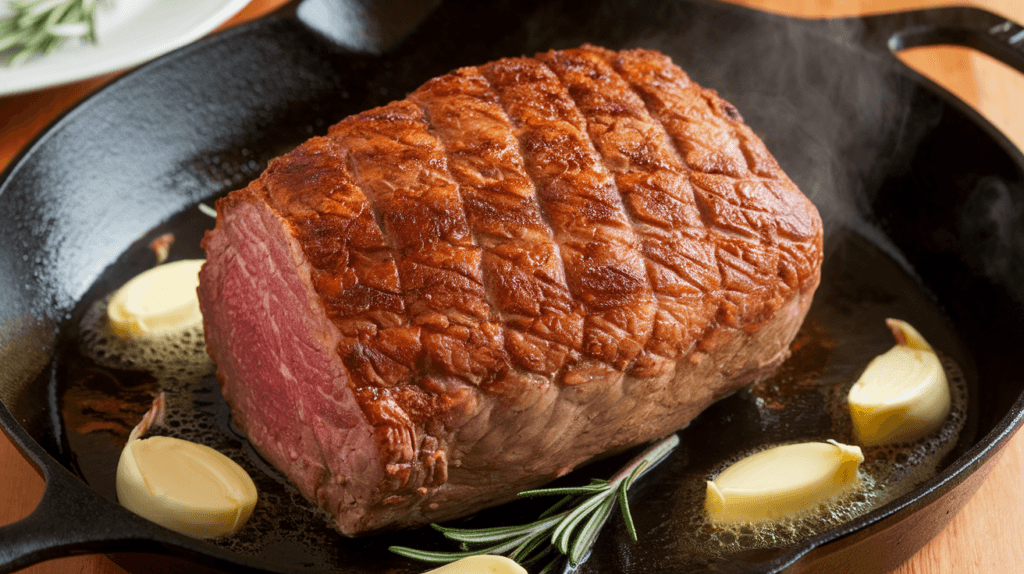 Sous vide 3 lb roast being seared in a cast-iron skillet with butter, garlic, and rosemary for a golden crust