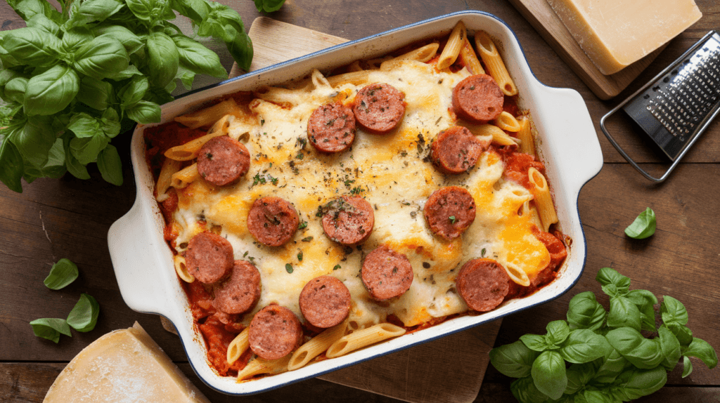 Smoked sausage pasta bake with penne, melted cheese, and basil in a casserole dish, showcasing a comforting and delicious recipe idea