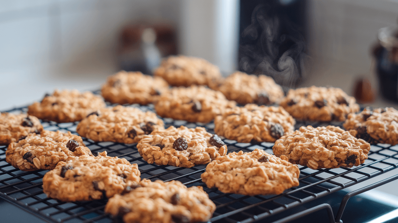 Freshly baked oatmeal cookies cooling on a rack, showing a golden-brown color and chewy texture.