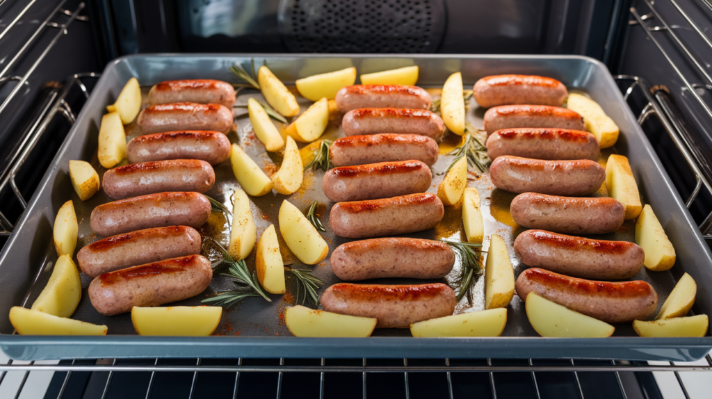 Potato wedges and sausages drizzled with olive oil and seasoned with rosemary on a baking tray inside a modern oven