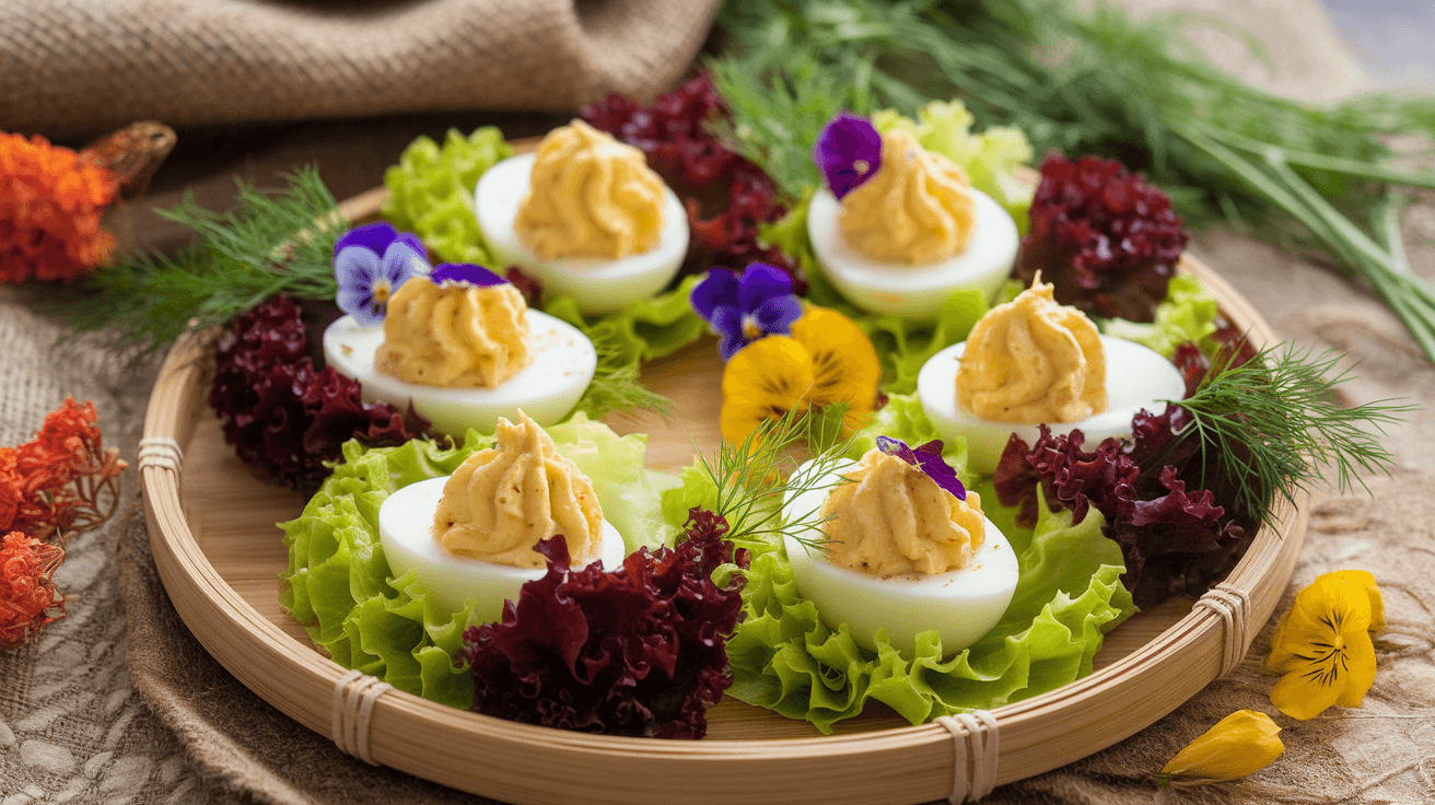 Deviled eggs served in lettuce cups and cabbage leaves on a bamboo tray, garnished with fresh dill and edible flowers