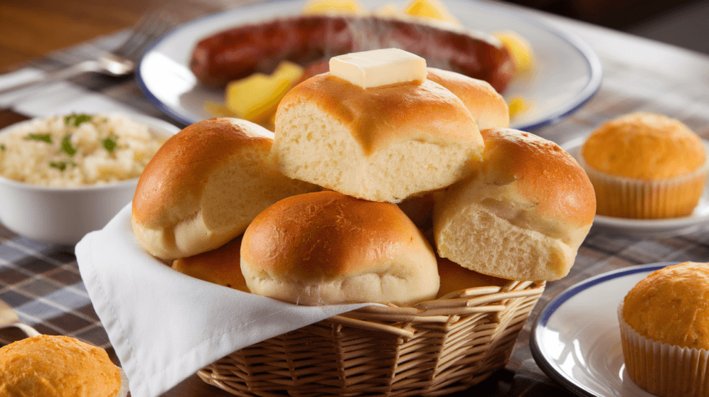 Freshly baked buttered dinner rolls with sausage, potatoes, garlic rice pilaf, and cornbread muffins in the background