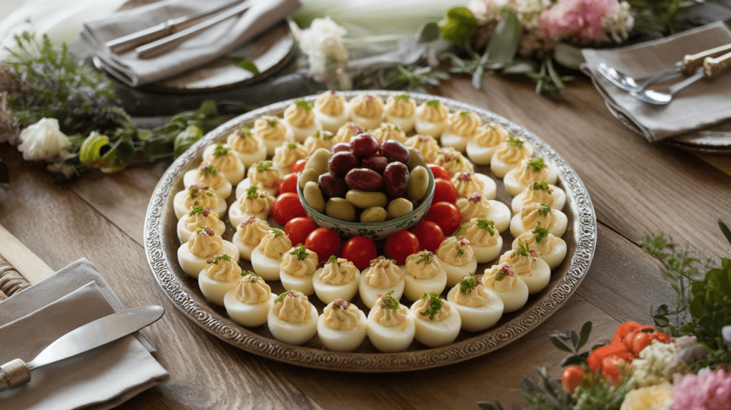 Deviled egg tray with a centerpiece of olives, pickles, and cherry tomatoes on a rustic wooden table.