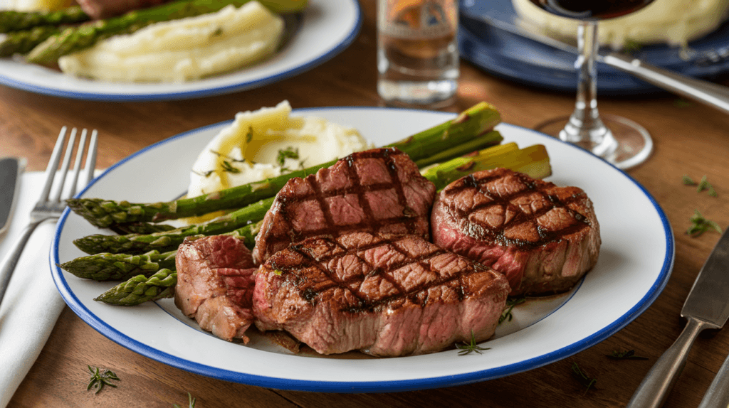 Grilled Omaha Steak tips served with roasted asparagus, mashed potatoes, and a glass of red wine on a wooden table.