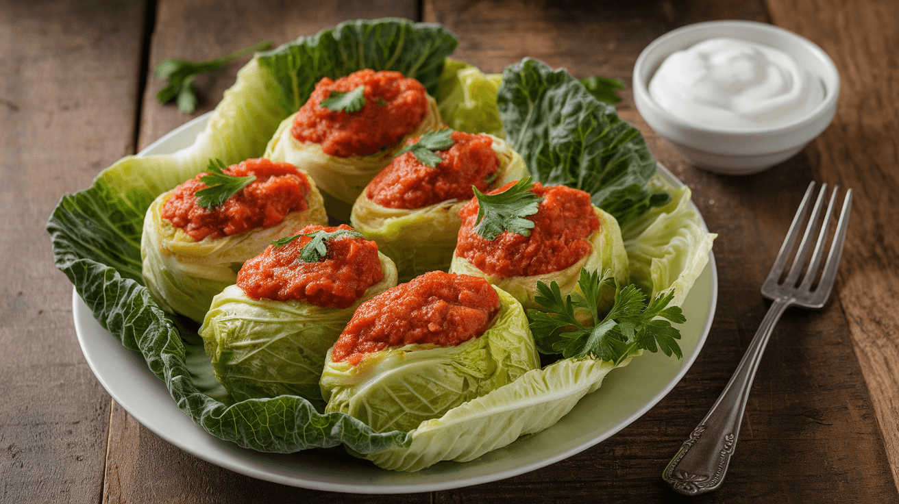 Traditional Russian cabbage meat rolls served with tomato sauce and garnished with parsley on a white plate.