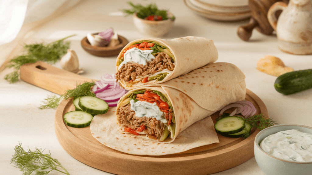 Shawarma wrap with tzatziki sauce, surrounded by fresh ingredients like cucumbers, dill, and garlic on a rustic wooden board