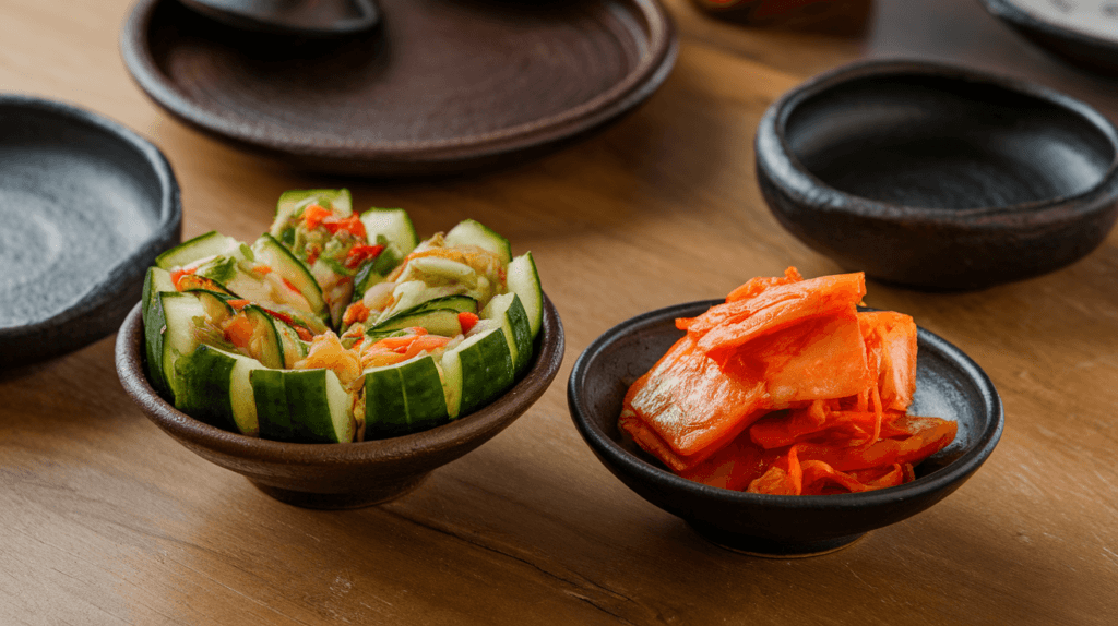 Side-by-side comparison of Oi Sobagi and Oi Kimchi, showcasing their distinct textures and colors on a traditional Korean table setting