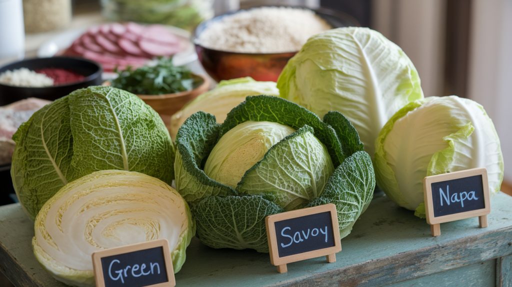 A selection of fresh green, Savoy, and Napa cabbages on a rustic table with cooking ingredients, ideal for making cabbage rolls.