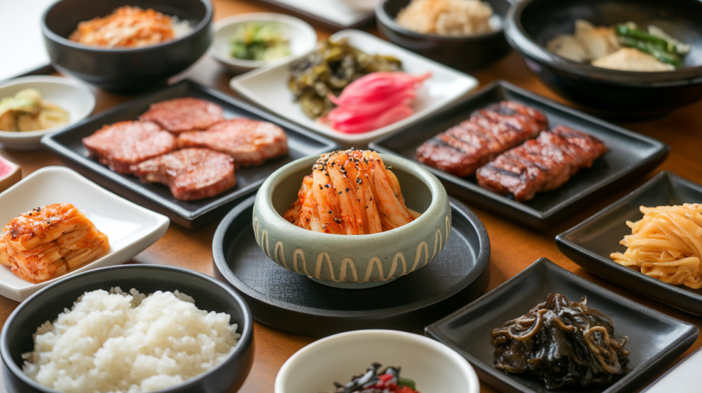 Traditional Korean meal with cucumber kimchi, rice, grilled meat, and side dishes on a wooden table