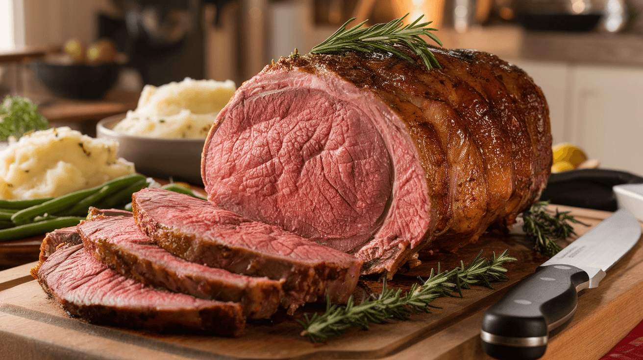 A perfectly cooked 5 lb prime rib roast sliced to reveal a pink interior and golden crust, garnished with rosemary and thyme on a cutting board