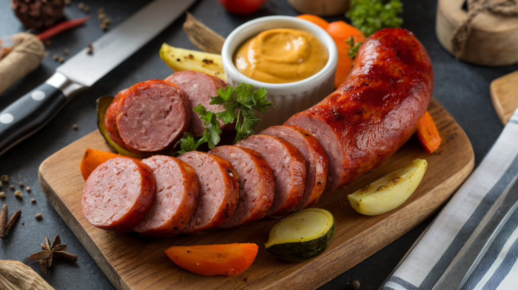 Grilled smoked sausage served with mustard sauce and roasted vegetables on a wooden board, showcasing its versatility and rich smoky flavor