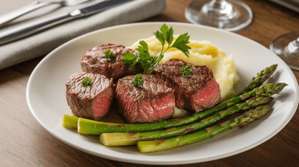 Cooked Omaha Steak Tips served with mashed potatoes and roasted asparagus, garnished with parsley on a wooden table.