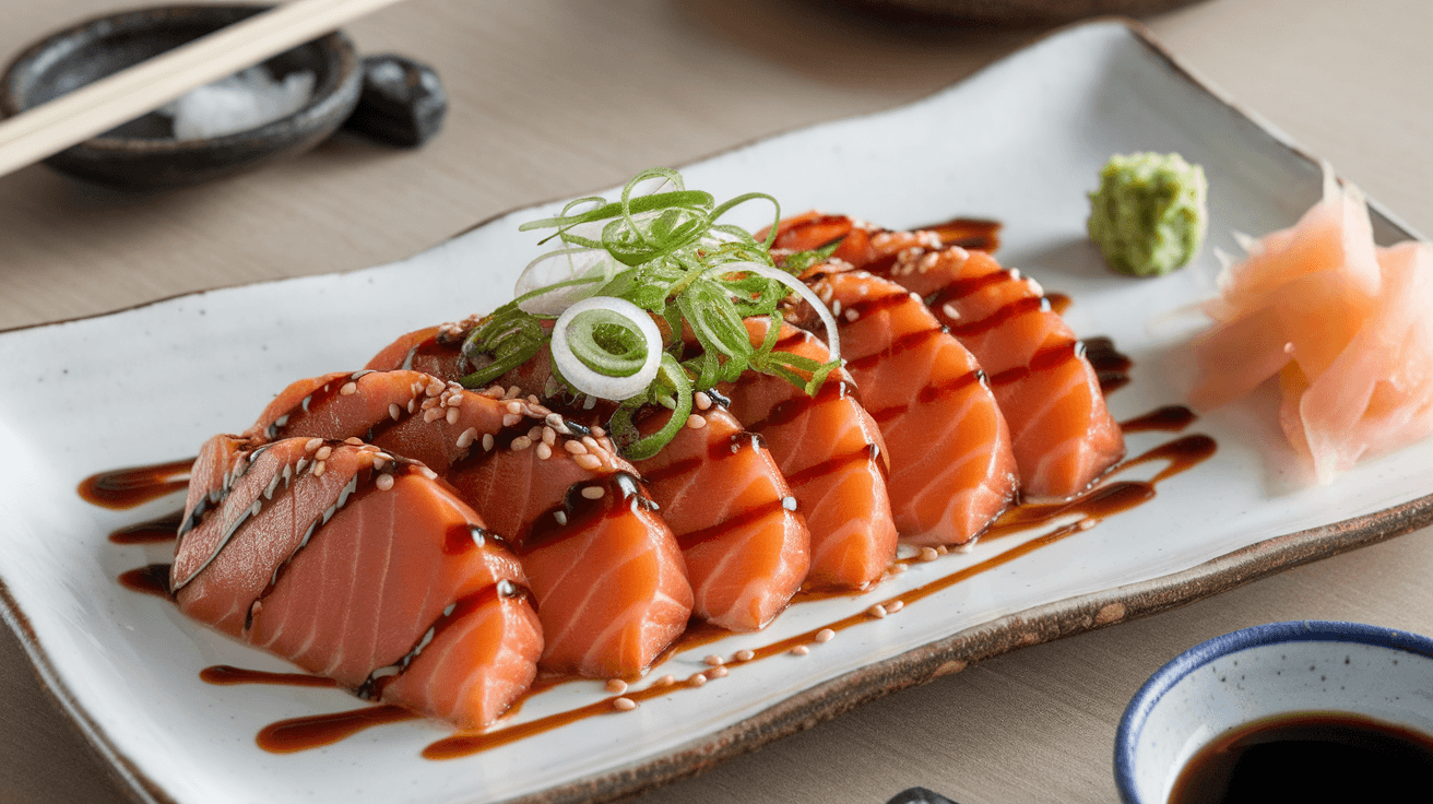 Soy sauce-marinated raw salmon slices garnished with green onions and sesame seeds on a white plate