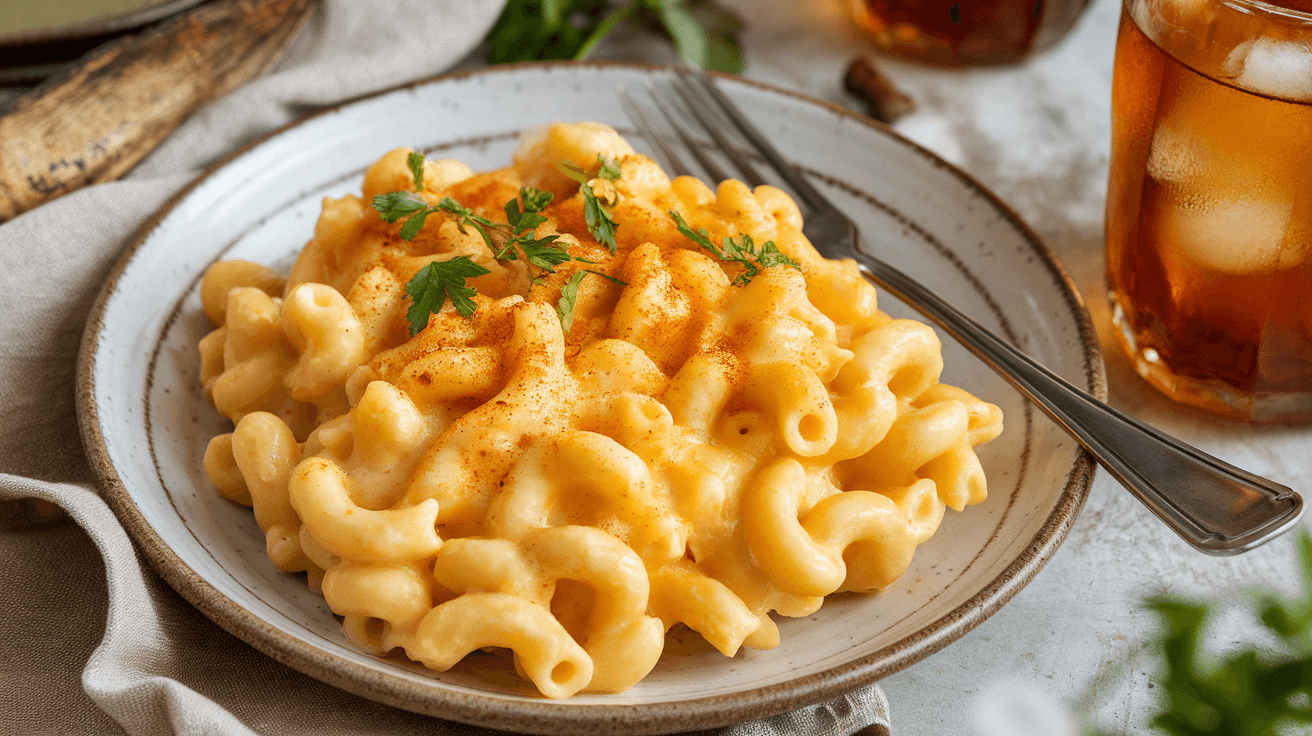 Plated Crockpot Mac and Cheese with Cream Cheese, garnished with parsley and paprika, served on a white ceramic plate