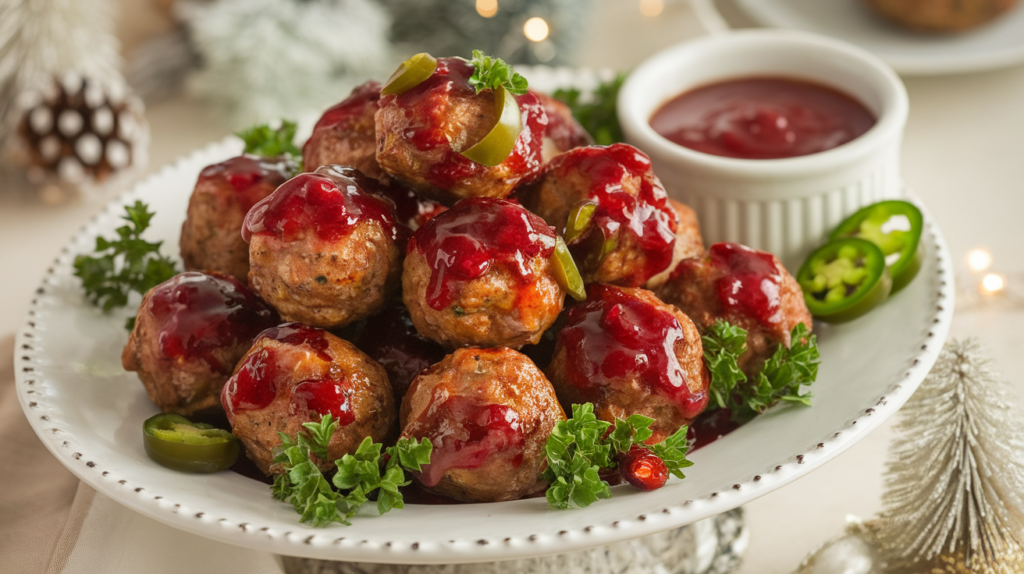 Delicious cranberry jalapeño meatballs glazed with cranberry sauce, garnished with parsley, and served on a white platter.