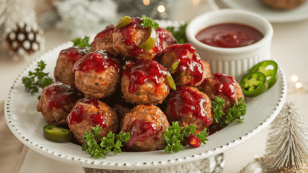 Delicious cranberry jalapeño meatballs glazed with cranberry sauce, garnished with parsley, and served on a white platter.