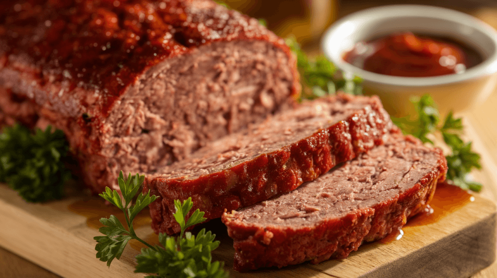 Freshly sliced smoked meatloaf with a smoky crust, garnished with parsley, served on a cutting board with barbecue sauce on the side