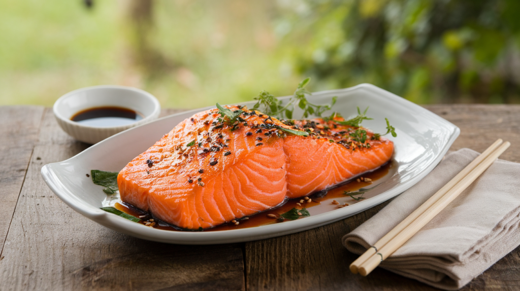 Soy marinated salmon fillet garnished with sesame seeds and herbs, served on a white plate with soy sauce on a rustic table