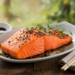 Soy marinated salmon fillet garnished with sesame seeds and herbs, served on a white plate with soy sauce on a rustic table