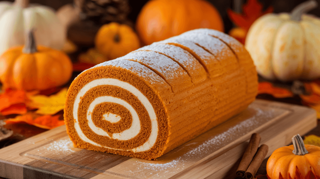 Moist and perfectly rolled pumpkin roll with cream cheese filling, surrounded by autumn decorations like pumpkins and cinnamon sticks