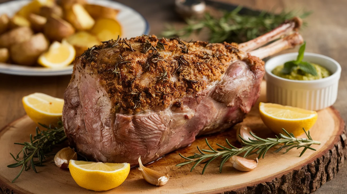 Seared rack of lamb garnished with rosemary and thyme, served with roasted vegetables and olive oil drizzle