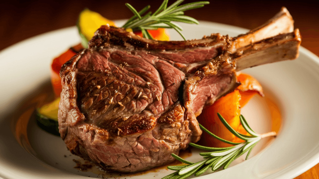 Marinated lamb leg in a baking dish with fresh herbs, lemon, and olive oil.