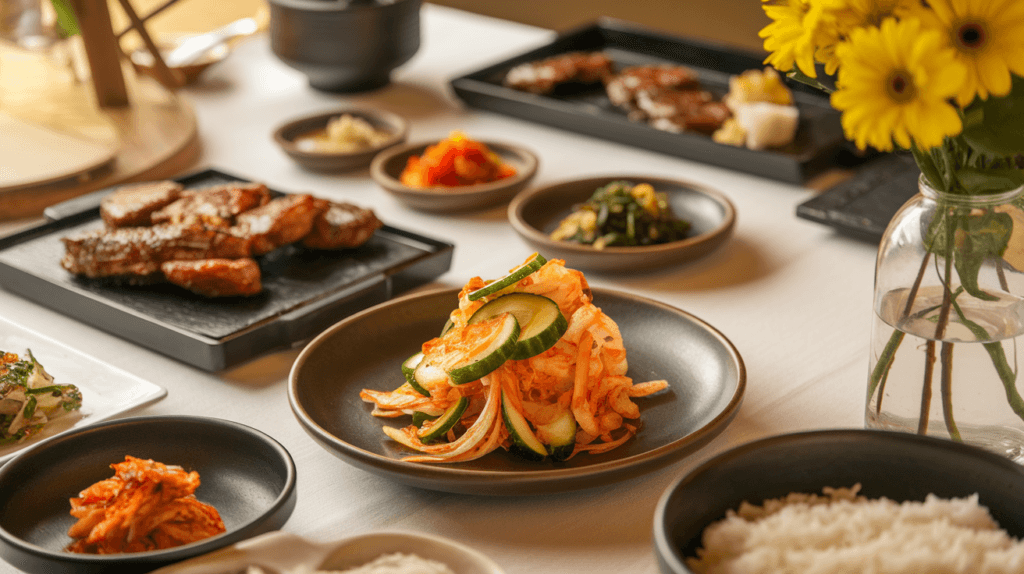 Cucumber kimchi served as a side dish with rice, grilled meat, and Korean sides, illustrating its versatility in meals