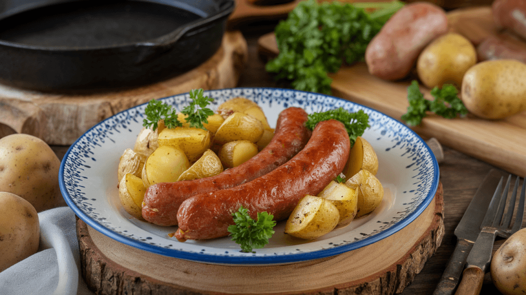 Close-up of smoked sausage and potatoes served on a plate, garnished with parsley in a rustic kitchen setting