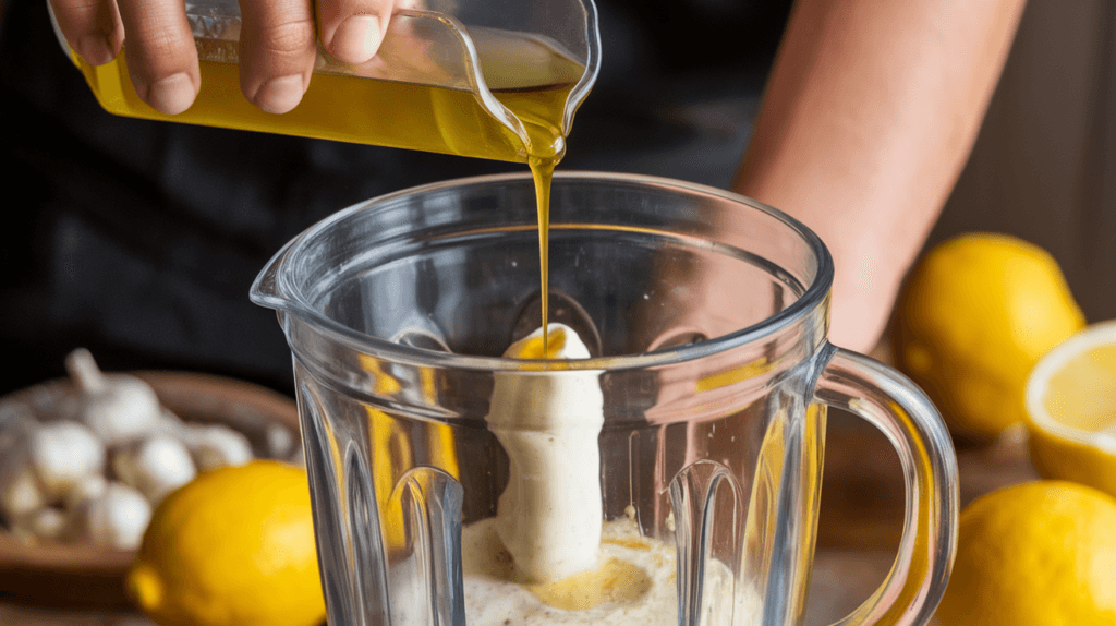 Preparing shawarma sauce by blending garlic, oil, and lemon juice into a creamy mixture with ingredients in the background