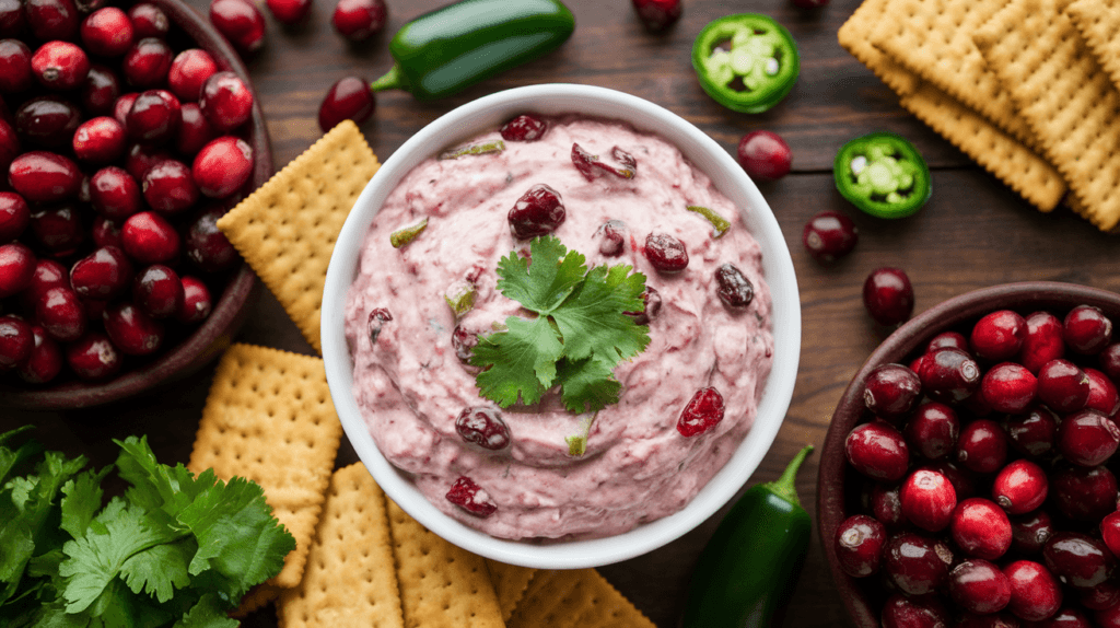 A top-down view of Costco Cranberry Jalapeño Dip surrounded by fresh cranberries, jalapeños, crackers, and cheese on a rustic wooden table.