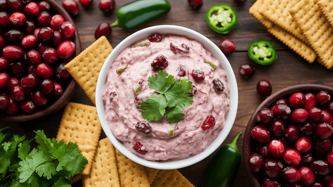 A top-down view of Costco Cranberry Jalapeño Dip surrounded by fresh cranberries, jalapeños, crackers, and cheese on a rustic wooden table.