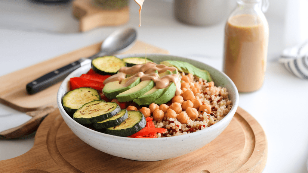 Buddha bowl with air-fried frozen vegetables, quinoa, chickpeas, avocado, and tahini dressing, presented on a wooden table